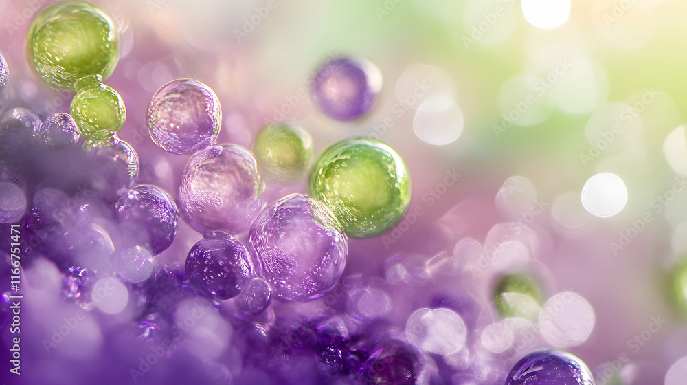 Poster bright abstract bokeh with green and purple hues, indoors with subtle glow particle effects on a sof