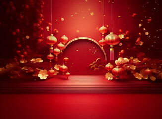 Red festive background with hanging lanterns, gold flowers, and a circular archway.  Perfect for celebratory designs or invitations.  A scene of joy and prosperity.