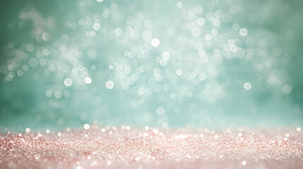 Ethereal bokeh background indoors with shimmering pink and aqua sparkles glowing softly on a muted mint green canvas