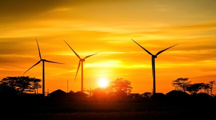 Obraz premium Wind Turbines at Sunset in a Green Village
