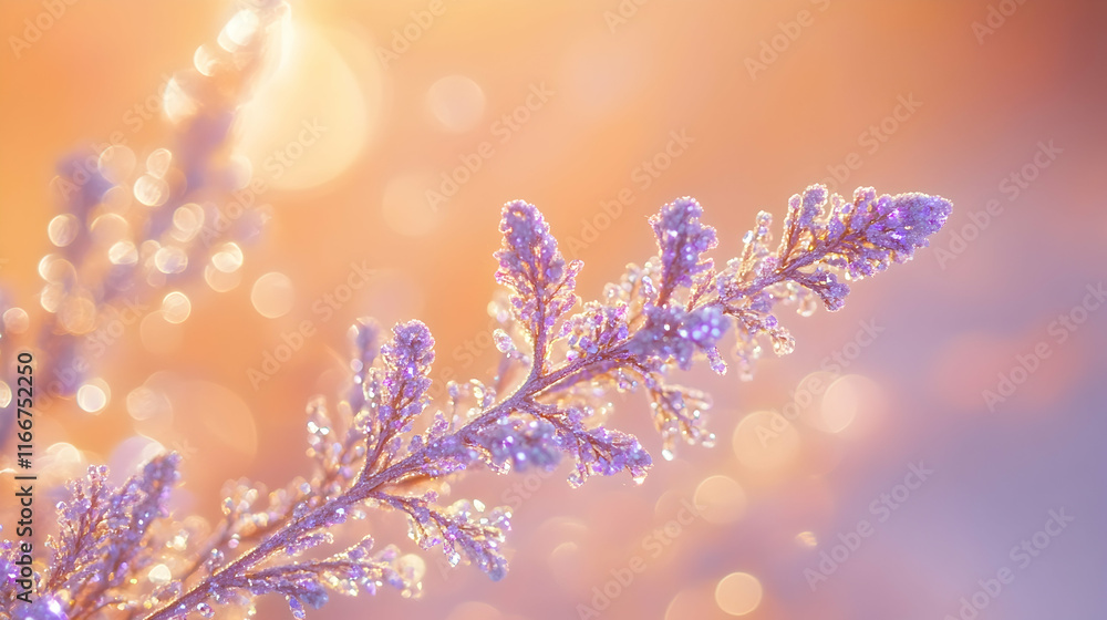 Poster ethereal bokeh with sparkling violet and aqua tones indoors on a soft pale orange backdrop, creating