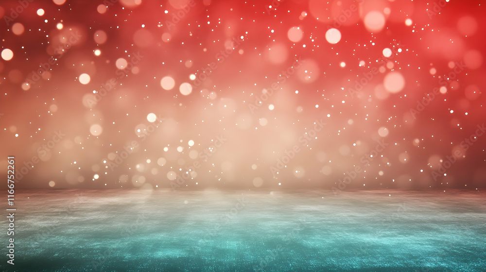 Poster ethereal red and teal bokeh sparkles glowing indoors over a smooth beige gradient background