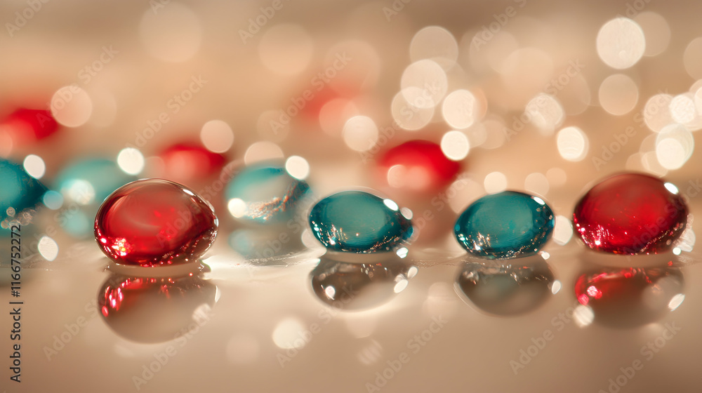 Poster ethereal red and teal bokeh sparkles glowing indoors over a smooth beige gradient background