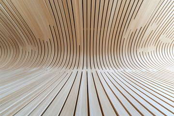 Curved wooden slats create modern, minimalist interior design. soft beige tones and flowing lines evoke sense of calm and tranquility