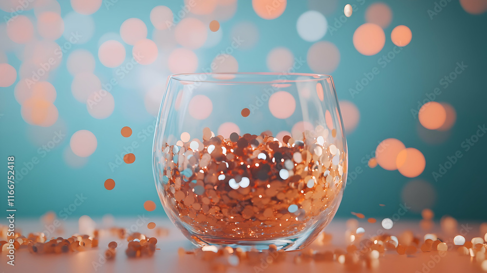 Poster floating glitter particles complementing bokeh indoors with warm peach and aquamarine tones over a s