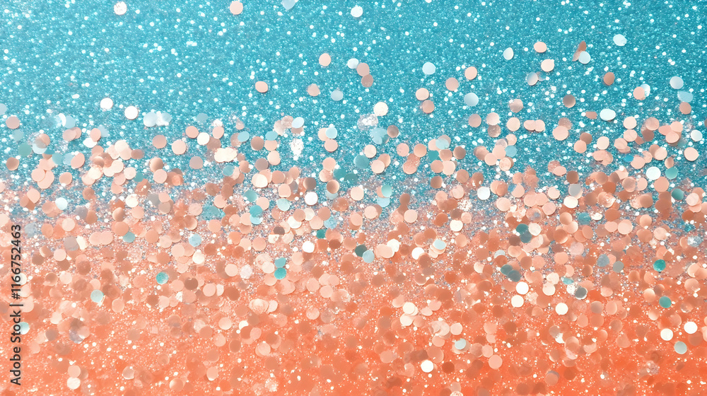 Poster floating glitter particles complementing bokeh indoors with warm peach and aquamarine tones over a s