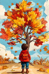 Autumn Child.  AI generated image.  A digital illustration of a cartoon of a child looking up at autumn leaves in a tree.