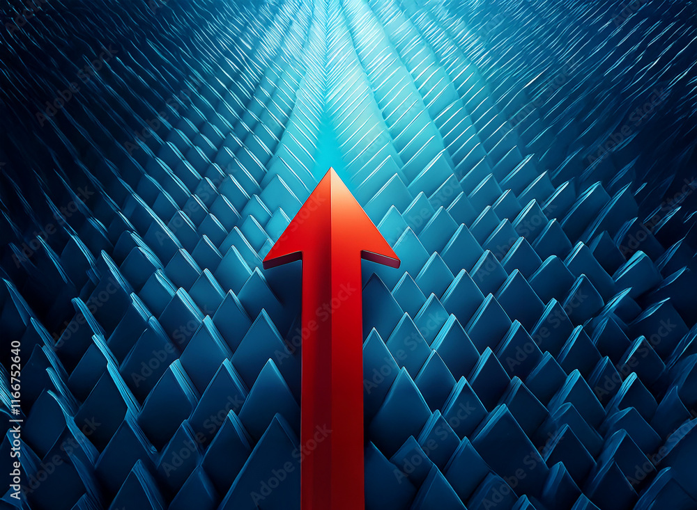 Poster a vibrant red arrow ascends a path of dark blue, pyramidal structures, symbolizing progress and upwa