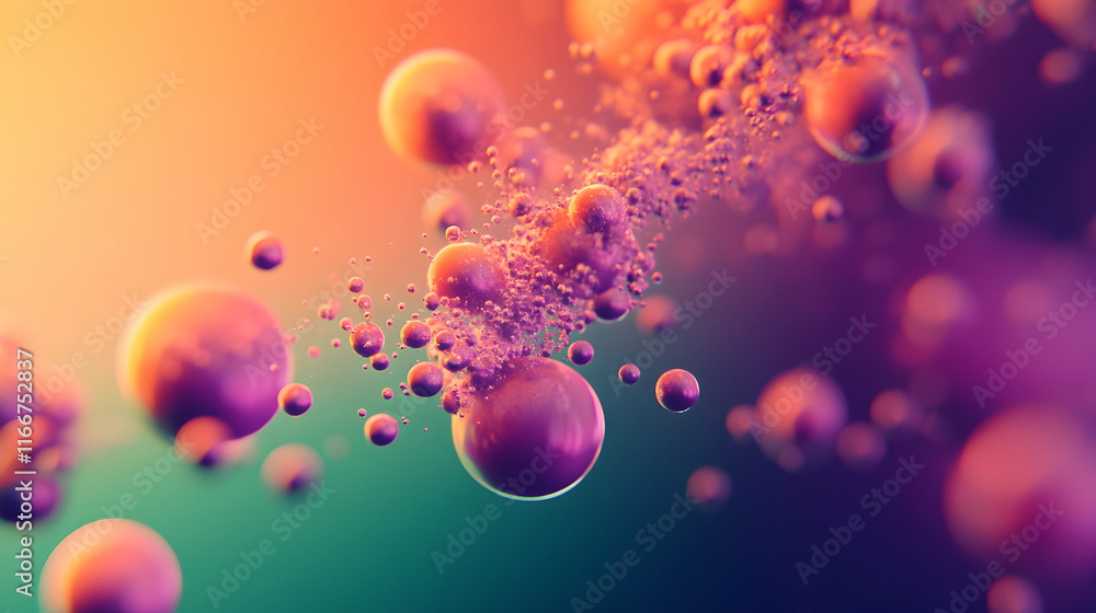 Poster floating particles blending with magenta and orange bokeh indoors over a deep green and purple gradi