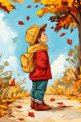 Autumn Child.  AI generated image.  A digital illustration of a cartoon of a child looking up at autumn leaves in a tree.