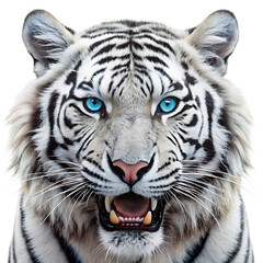 Fototapeta premium White Tiger Blue Eye roaring isolated on white background as transparent. PNG. AI GENERATED