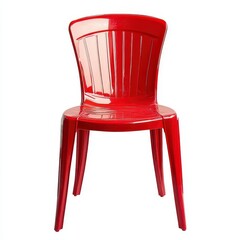 A vibrant red plastic chair with a classic design, featuring vertical slats and a sturdy structure, ideal for indoor or outdoor use.