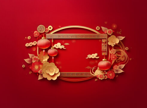Elegant oval frame adorned with red and gold Chinese New Year motifs: lanterns, flowers, clouds, and coins, set against a rich red background.  Paper-cut style.