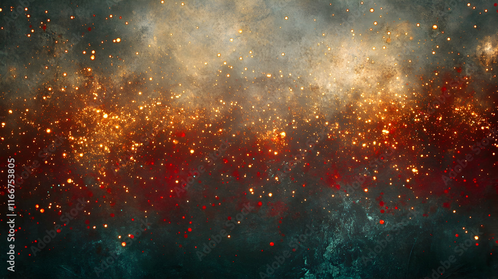 Wall mural glittering golden sparkles complementing red and teal bokeh indoors against a muted smoky-grey backd