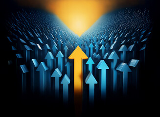 Fototapeta premium A single gold arrow points upward, leading a multitude of blue arrows toward a bright light. It symbolizes leadership, standing out, and achieving success.
