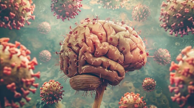 Anatomical model of the human brain with coronavirus particles representing neuroscience research - Powered by Adobe
