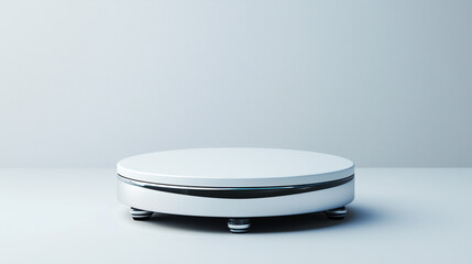 Rotating cylindrical podium with mirrored surface, isolated on white background for high-tech design