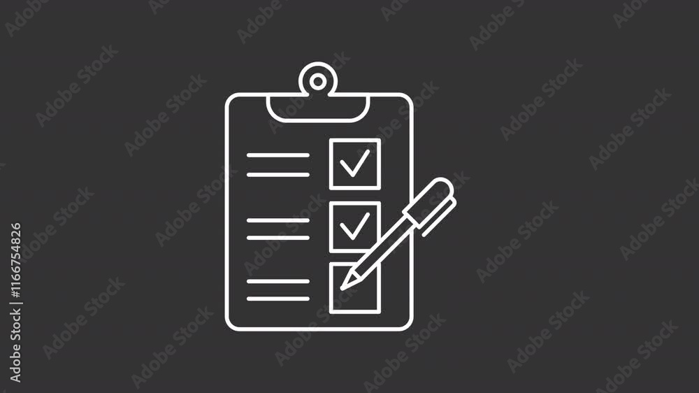Poster questionnaire white line animation. clipboard animated icon. moving pen. checkmarks showing up. task