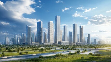 Obraz premium Modern Metropolis Skyline: A Panoramic View of a Futuristic Cityscape
