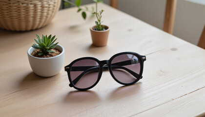 Minimalist sunglasses resting on a wooden table with plants, spring style