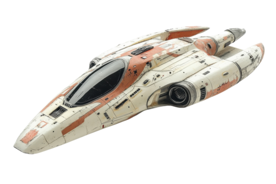 Miniature spaceship model crafted with intricate details, showcasing a weathered design and futuristic aesthetics