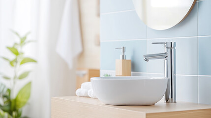 Fototapeta premium Modern minimalist faucet in small bathroom with colorful accents