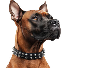 Strong dog with stylish collar gazing upwards in studio setting