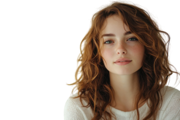 Young woman with curly hair poses confidently against a white background in soft natural light