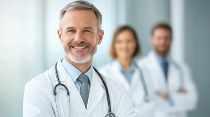 Fototapeta premium Three doctors are posing for a photo in a white lab coat