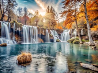 Tranquil Forest Oasis with Waterfalls and Crystal-Clear Lake – Serene Nature Landscape.