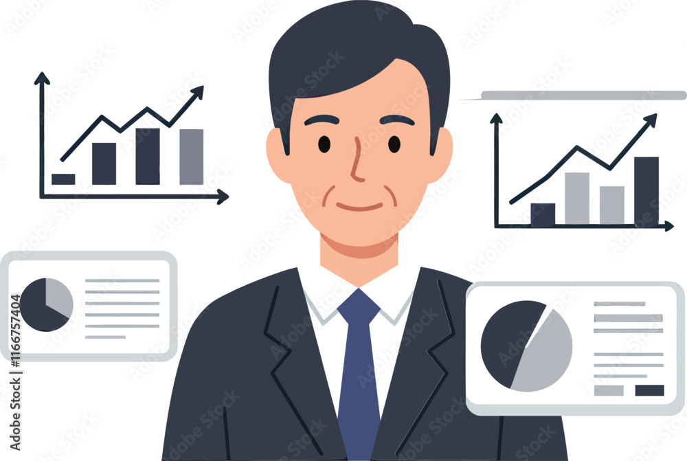 Poster vector icon of a man in a suit with a chart and graphs.
