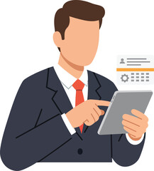 A man in a suit holding a tablet is pointing at a document with a vector illustration design on a white background.