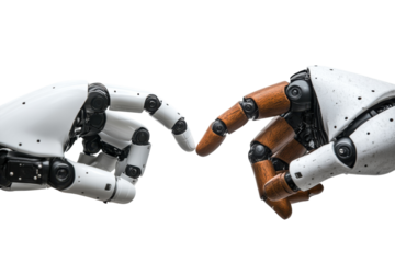 Interaction between robotic and wooden hands symbolizes the fusion of technology and humanity