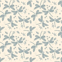 Seamless Pattern Duotone Blue Cream Dragonfly. Doodle Dragonfly Elegant Pattern. Background Modern Dragonfly Illustration Fabric Motif. 
