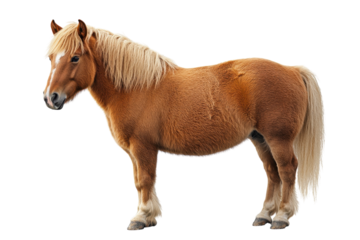 Brown pony standing gracefully with a lush mane in a serene environment