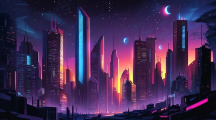 Fototapeta premium A vibrant, futuristic cityscape at dusk with neon colors and towering skyscrapers.