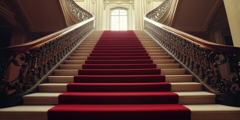 Red Staircase with Carpet and Railings
