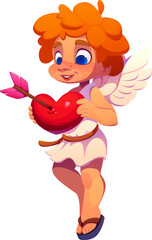 Cartoon valentine cherub and angel character holding a red heart pierced by a pink arrow. Vector cute and playful Amour embodies love, joy and romance for valentines day or romantic event celebrations