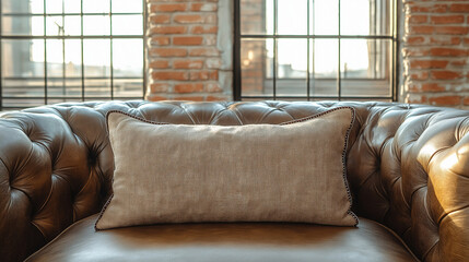 Chesterfield sofa with decorative pillow against brick wall