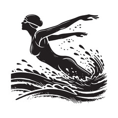 Swimming Silhouette Vector Illustration, Solid White Background.