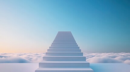 A white staircase is shown against a blue sky