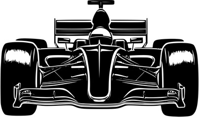 Front view of a black formula 1 car vector icon isolated on a transparent background.