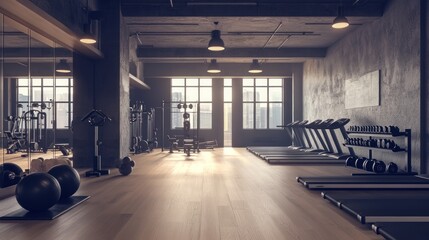 The interior of the fitness center is minimalist in design, featuring simple and modern equipment such as yoga mats on the floor and light coming in through large windows