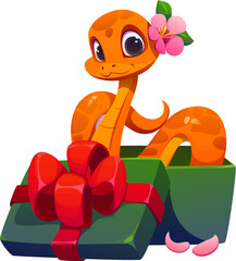 Obraz premium Chinese Lunar New Year funny cartoon snake character adorned with a flower sitting in the gift box with a red bow, surprise for the 2025 celebration. Vector cheerful and friendly reptile zodiac snake