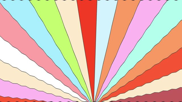 Pastel colorand  retro, psychedelic, wavy, cartoon sky sunburst looping animation in retro style 