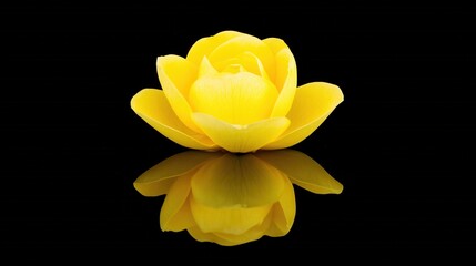 Vibrant Yellow Flower on Black Background with Reflection in Calm Water Surface