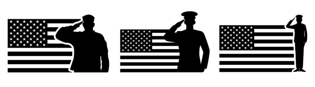 Military Salute with USA flage Vector Art icon set.
American Soldier Saluting Flag background