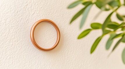 Wooden Ring Wall Decor with Green Plant Background in Minimalist Interior Setting