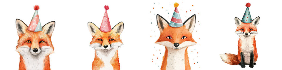 Obraz premium Cute and playful cartoon fox characters wearing festive party hats in whimsical watercolor The foxes have a cheerful merry expression and are set against a natural woodland or forest background