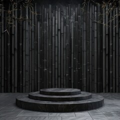 Empty dark wooden stage podium platform with three step design for product display presentation ceremony or award show event  Clean and modern minimalist abstract background